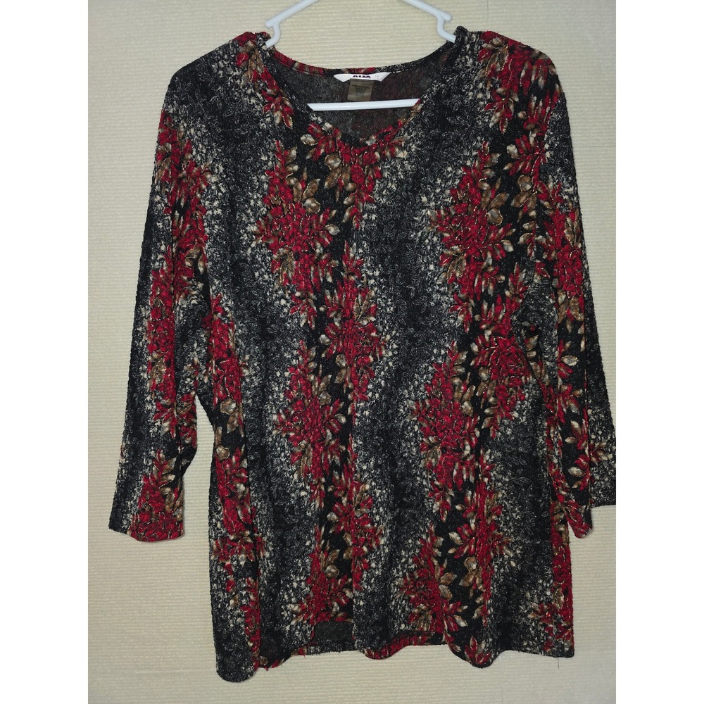 Alia Womens XL Top Red Gold Floral Metallic Knit 3/4 Sleeve Scoop Neck Pullover